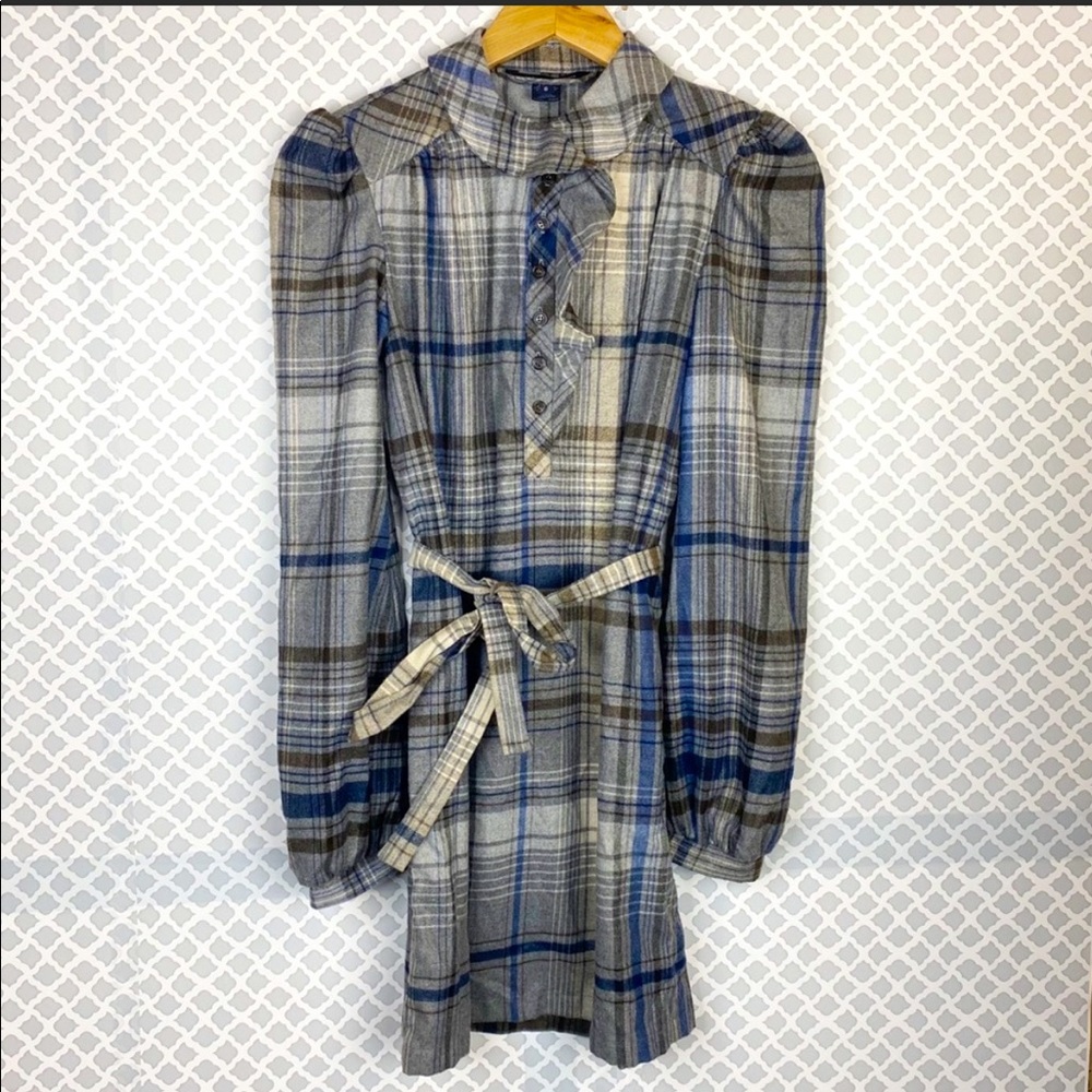 NWOT French Connection Peter Pan Ruffle Collar Plaid Tie Waist Shirt Dress